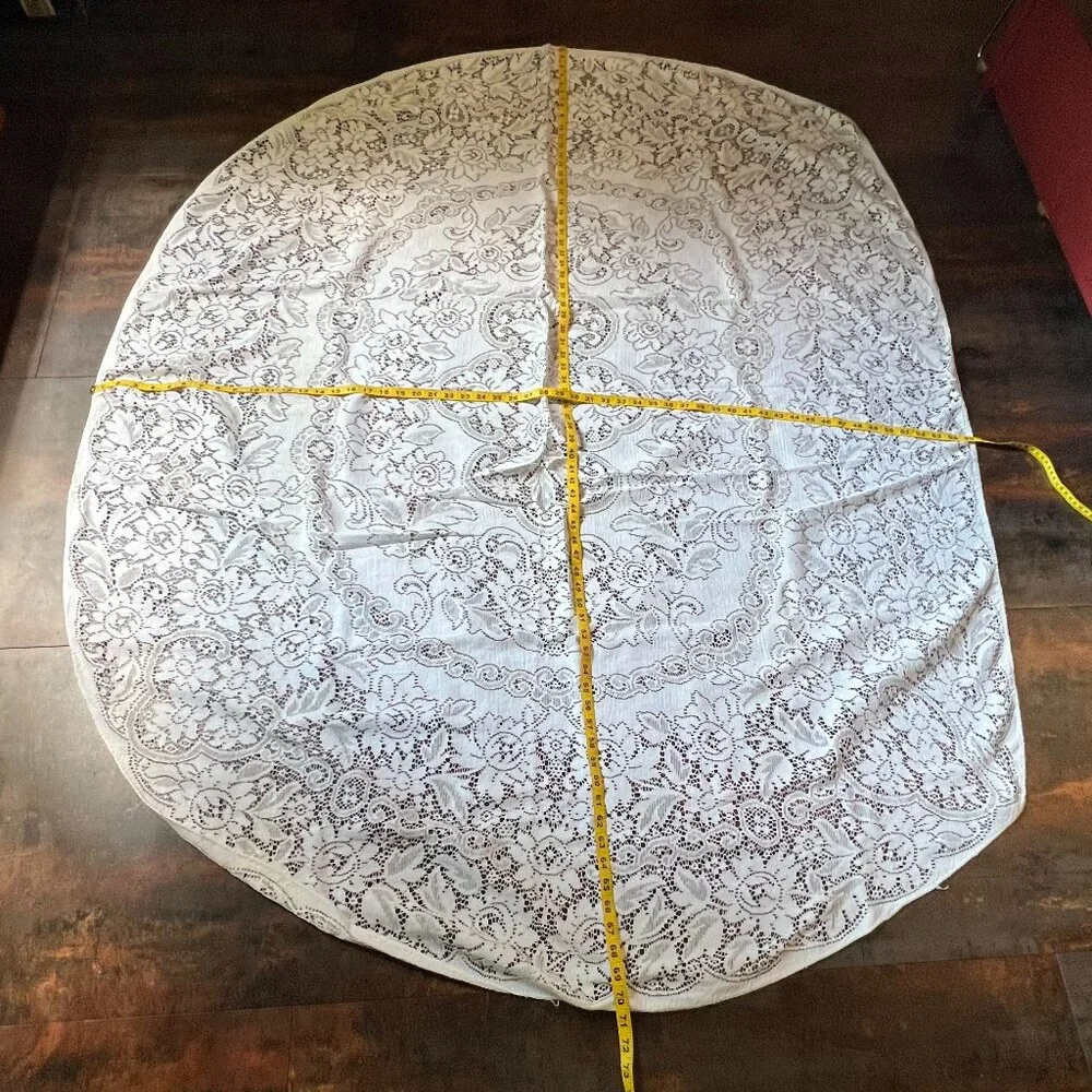 Vintage White Eyelet Lace Round Tablecloth with One Flat Edge, 70.5